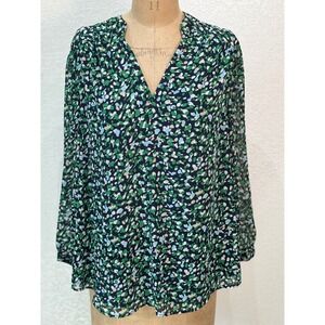 Chicos Size 16/ 18 Navy Green Floral Print Long Sleeve V Neck Lined‎ Blouse Top